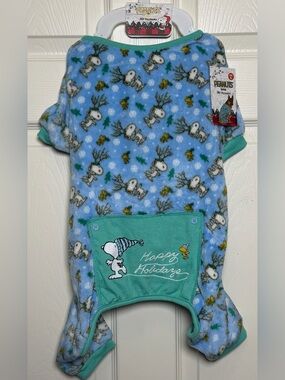 Peanuts Snoopy & Woodstock Fleece Pet Pajamas - Light Blue & Teal Trim